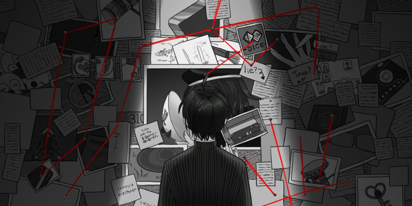 1boy, ahoge, bed, book, commentary, computer, dangan_ronpa_(series), dangan_ronpa_v3:_killing_harmony, desk, dice_members_(dangan_ronpa), english_text, explosive, from_behind, grenade, hands, hasugu_(hasugu_dg), hat, key, knife, male_focus, mask, monochrome, ouma_kokichi, photo_(object), pillow, rocket, saihara_shuuichi, short_hair, striped_jacket, tagme, upper_body
