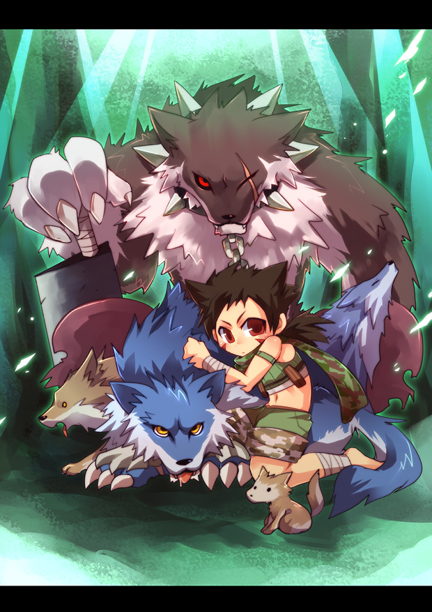 2boys, atroce, axe, bangs, barefoot, black_hair, camouflage, camouflage_scarf, camouflage_shorts, chain, collar, commentary_request, crop_top, desert_wolf_(ragnarok_online), dog, emon-yu, full_body, furry, green_background, green_scarf, green_shirt, green_shorts, hair_horns, holding, holding_axe, kneeling, letterboxed, looking_at_viewer, male_focus, medium_hair, multiple_boys, puppy, ragnarok_online, ranger_(ragnarok_online), red_eyes, scar, scar_across_eye, scarf, shirt, shorts, sleeveless, sleeveless_shirt, spiked_collar, spikes, squatting, tongue, tongue_out, wolf