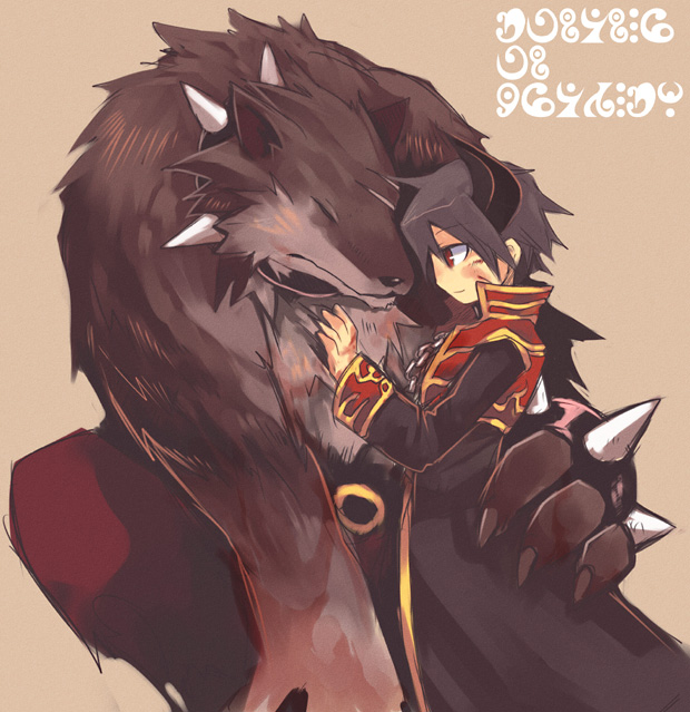1boy, 1other, atroce, bangs, black_coat, black_hair, bracelet, brown_background