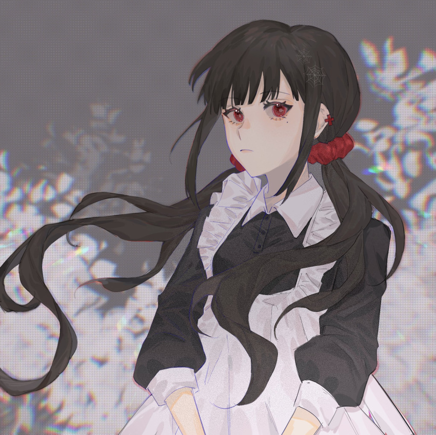1girl, alternate_costume, apron, bangs, black_dress, black_hair, commentary_request, dangan_ronpa_(series)