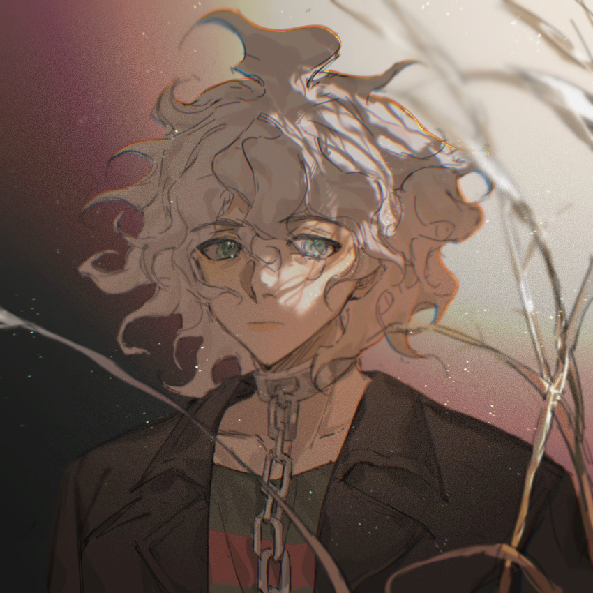 1boy, bangs, black_jacket, black_shirt, chain, collar, commentary_request, dangan_ronpa_(series), dangan_ronpa_another_episode:_ultra_despair_girls, gradient, gradient_background, grey_hair, hair_between_eyes, highres, jacket, komaeda_nagito, leather, leather_jacket, looking_at_viewer, male_focus, messy_hiar, metal_collar, official_alternate_costume, red_shirt, shirt, solo, striped, striped_shirt, upper_body, yoru_(yorusumire)