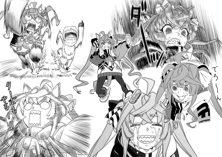 1girl, @_@, ahoge, animal_ears, bulging_eyes, crying, dancing, emphasis_lines, greyscale, highres, hooded_coat, horse_ears, horse_tail, konjiki_no_gash!!, long_hair, monochrome, multiple_views, pantyhose, parody, running, sharp_teeth, style_parody, surprised, tail, teeth, twin_turbo_(umamusume), twintails, umagon_(konjiki_no_gash!!), umamusume, wakayama_kazuto