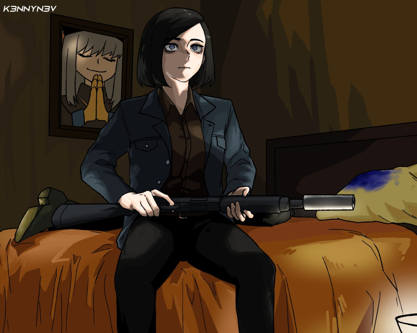 2girls, anton_chigurh_(no_country_for_old_men), artist_name, bangs, bed, black_hair, black_jacket, black_legwear