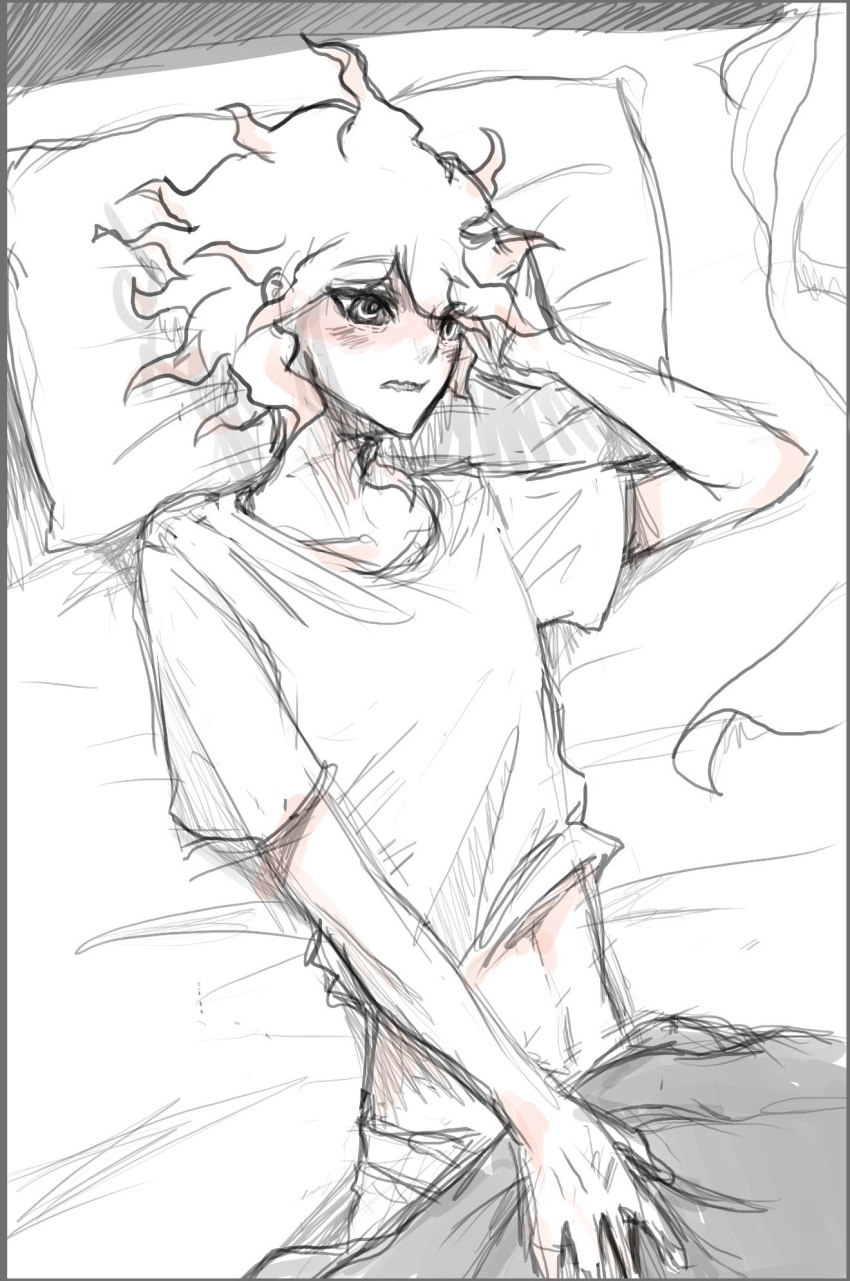 1boy, bangs, blanket, blush, collarbone, dangan_ronpa_(series), dangan_ronpa_2:_goodbye_despair, english_commentary, eyebrows_visible_through_hair, greyscale, highres, komaeda_nagito, lying, male_focus, messy_hiar, monochrome, navel, on_back, on_bed, open_mouth, pillow, shirt, short_sleeves, sketch, solo, stomach, t-shirt, yandr4hope