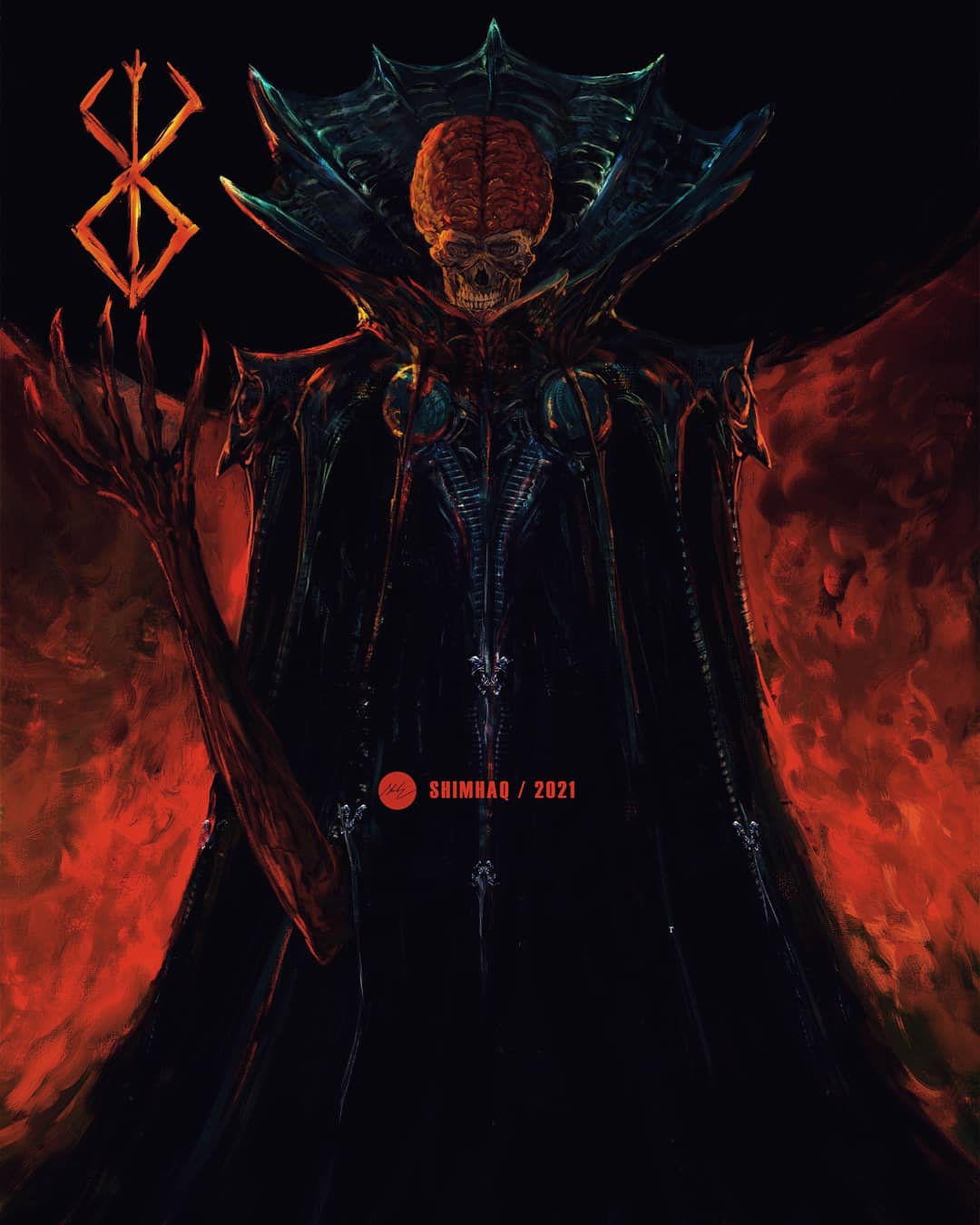 1boy, berserk, brain, brand_of_sacrifice, cape, claws, commentary, dated