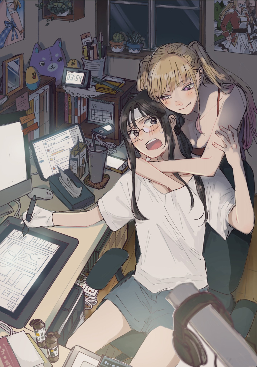 2girls, bandaged_head, bandages, bangs, black_eyes, black_hair, blonde_hair, blush, book, bottle, breast_grab, breasts, cellphone, chair, clock, collarbone, computer, cup, drawing, earphones, energy_drink, eyebrows_behind_hair, eyebrows_visible_through_hair, glasses, gloves, grabbing, highres, hug, hug_from_behind, indoors, lamp, long_hair, looking_at_another, multiple_girls, open_mouth, original, ousawa_yayoi, pants, pen, pencil_case, phone, poster_(object), shirt, shorts, sitting, sleeveless, smartphone, smile, stylus, table, tablet_pc, tissue, tissue_box, twintails, violet_eyes, yuri