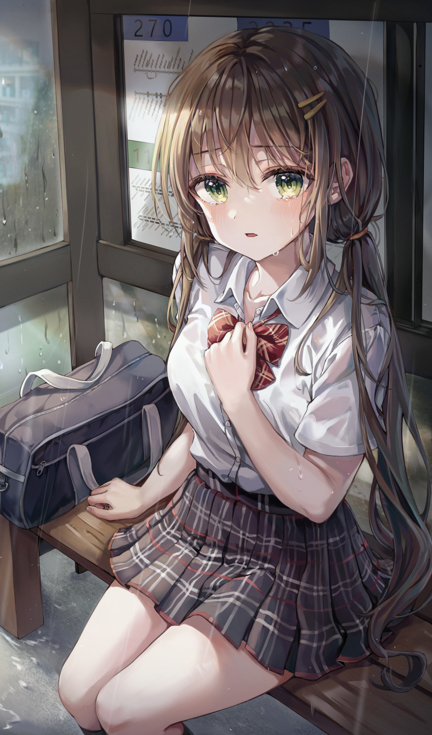 1girl, absurdres, bag, bench, blush, bobby_pin, brown_hair, brown_skirt