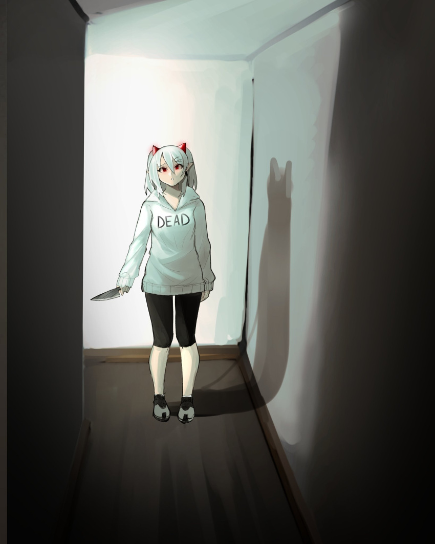 1girl, bangs, eve_(kumaartsu), full_body, hair_between_eyes, hair_ornament, hairclip, highres, hood, hoodie, horns, knife, kumaartsu, long_sleeves, looking_at_viewer, open_mouth, original, pointy_ears, red_eyes, shadow, solo, two_side_up, white_footwear, white_hair, white_hoodie, yandere
