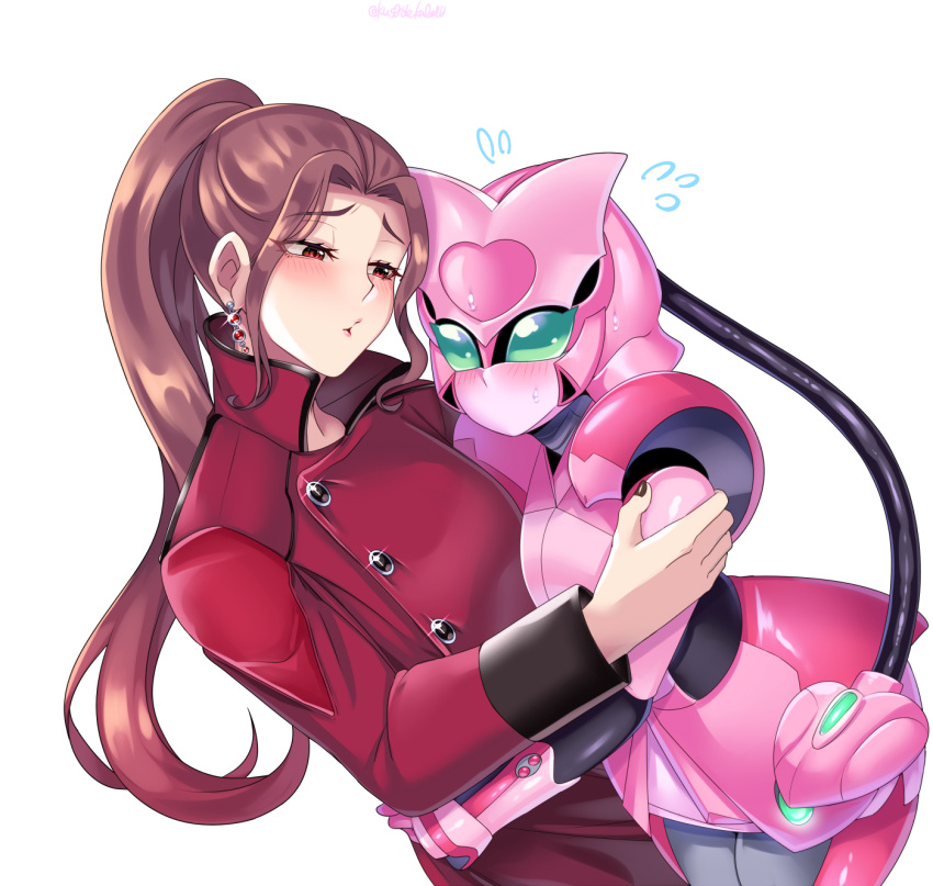 2girls, blush, brown_hair, crossover, earrings, green_eyes, high_ponytail, hug, kamen_rider, kamen_rider_saber_(series), kikai_sentai_zenkaiger, kusodekabab, looking_at_viewer, magine, open_mouth, ponytail, robot, shindai_reika, super_sentai, yuri