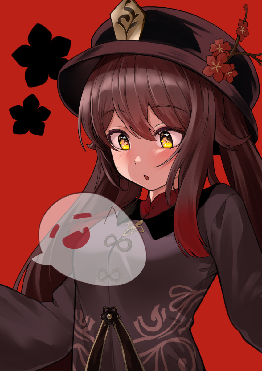:o, absurdres, breasts, brown_hair, chinese_clothes, closed_eyes, fang, genshin_impact, ghost, hako_reeema, highres, hu_tao_(genshin_impact), long_sleeves, red_background, red_eyes, simple_background, smile, twintails