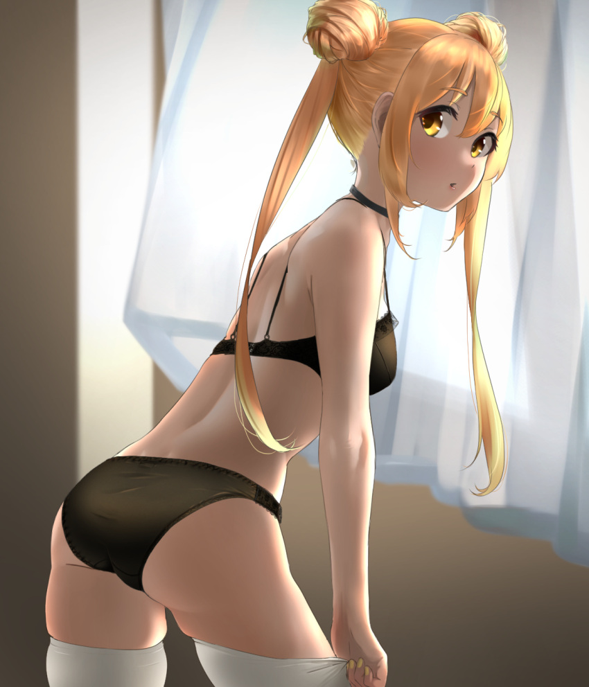 1girl, ass, back, bare_shoulders, black_bra, black_panties, blonde_hair, blush