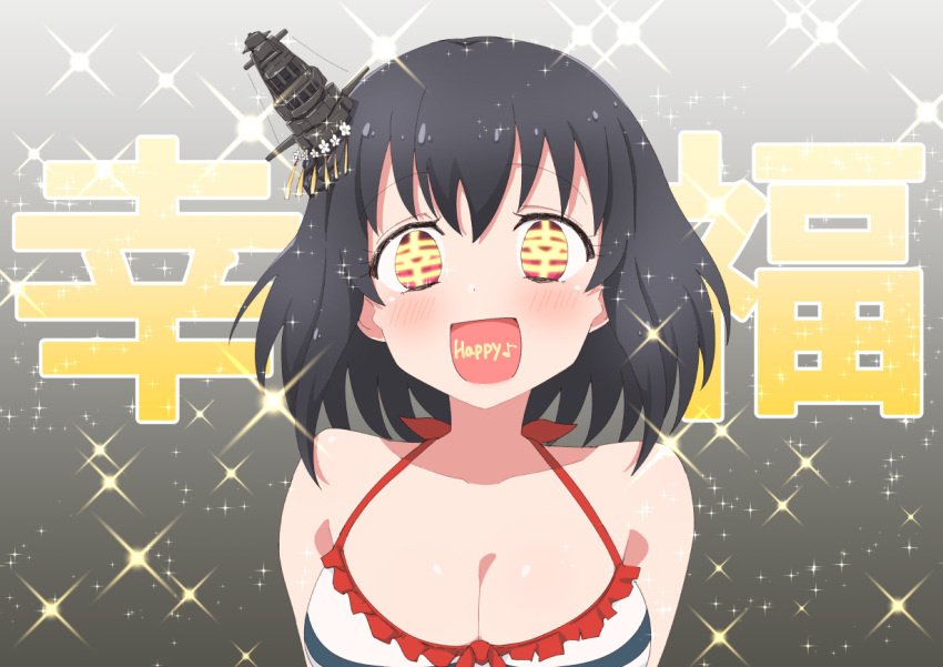 1girl, bikini, bikini_top, black_hair, gradient, gradient_background, grey_background, hair_ornament