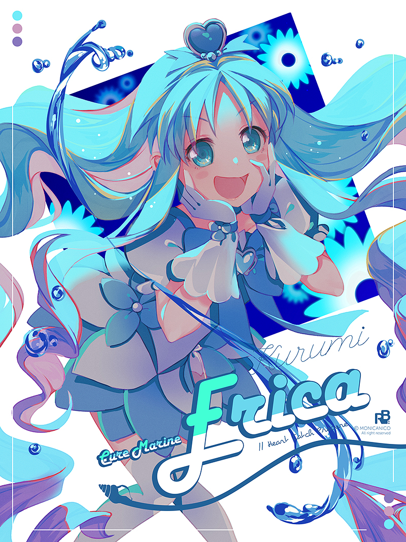 1girl, blue_choker, blue_theme, bow, brooch, character_name, choker, cowboy_shot