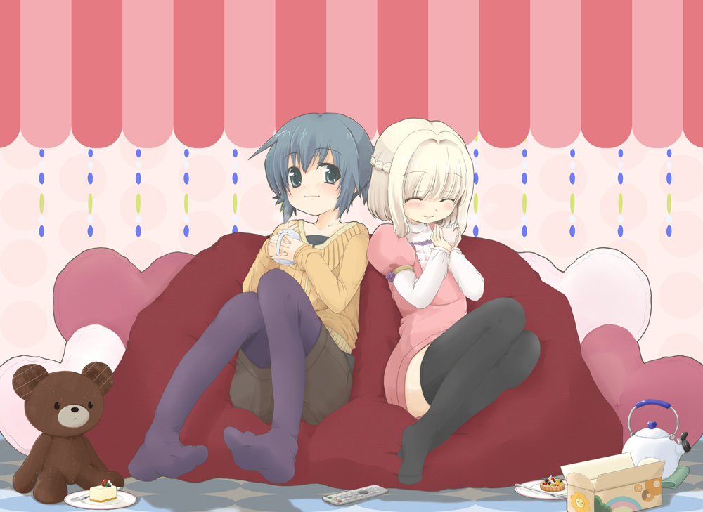 blonde_hair, blue_hair, blush, braid, cake, closed_eyes, controller, cup