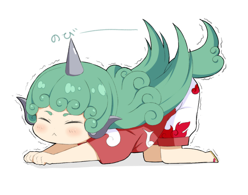 1girl, all_fours, animal_ears, blush, chibi, closed_eyes, commentary_request, crys_(dai), full_body, green_hair, horns, kariyushi_shirt, komano_aunn, long_hair, red_shirt, sandals, shirt, short_sleeves, shorts, simple_background, single_horn, solo, stretch, tail, touhou, white_background, white_shorts