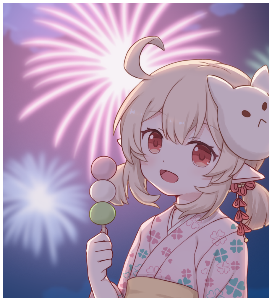 1girl, :d, ahoge, alternate_costume, bangs, blurry, clover_print, commentary_request