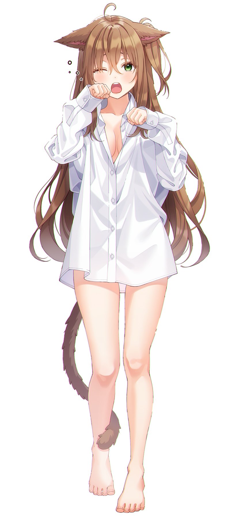 1girl, ;o, ahoge, animal_ears, bare_legs, barefoot, breasts, brown_hair