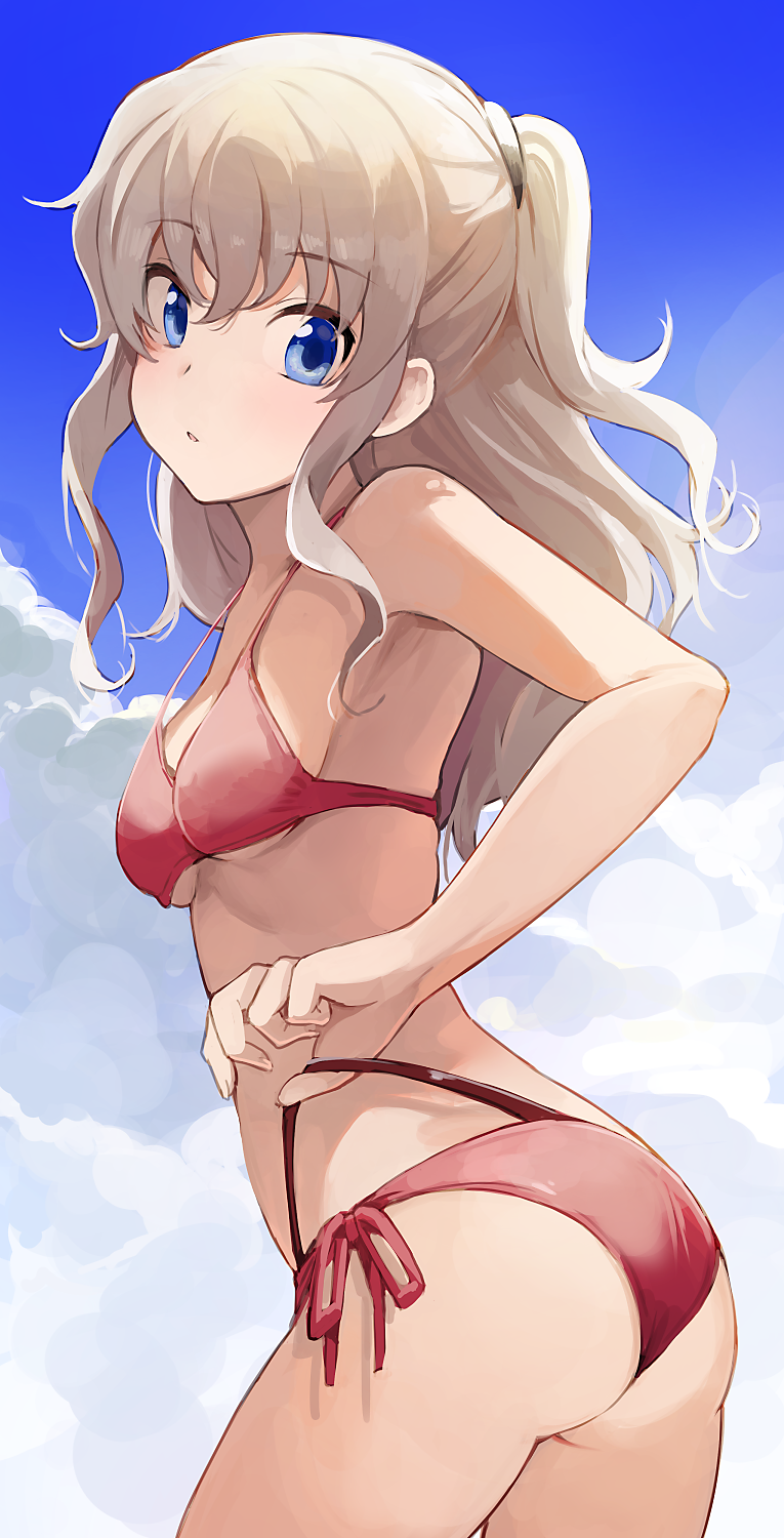 1girl, :o, armpit_peek, ass, bikini, bikini_bottom_lift, blue_eyes, blue_sky