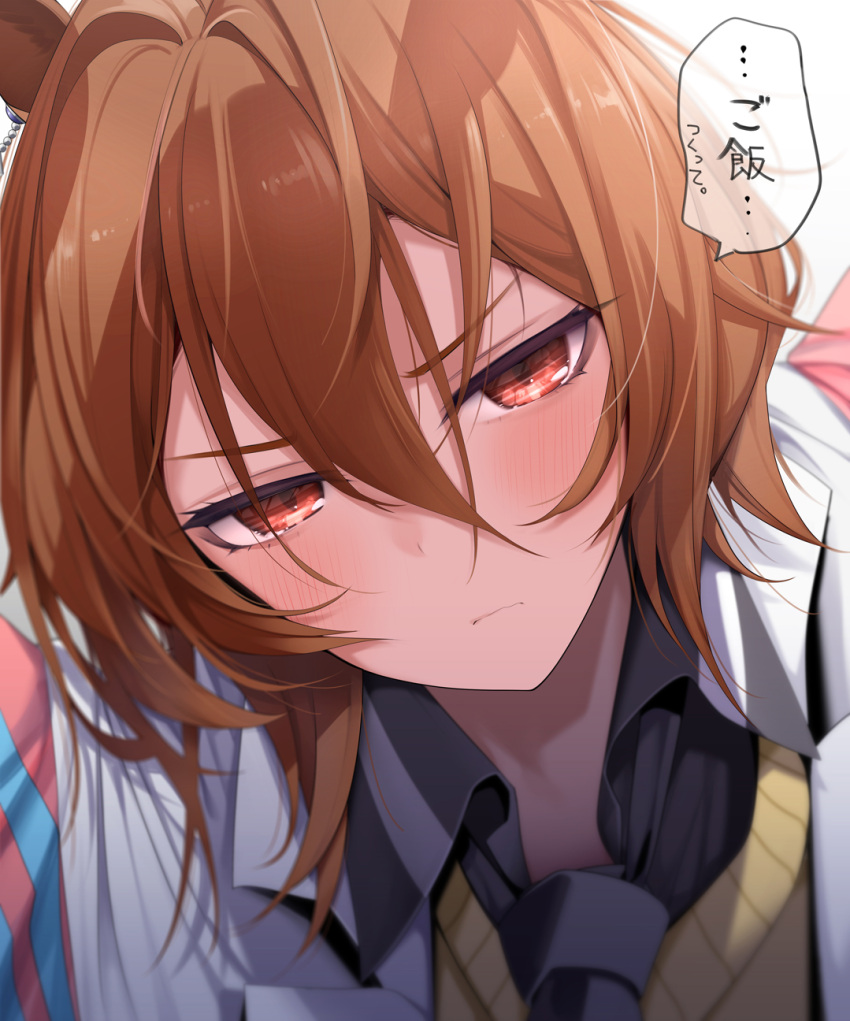 1girl, agnes_tachyon_(umamusume), animal_ears, black_neckwear, blush, brown_eyes, brown_hair, closed_mouth