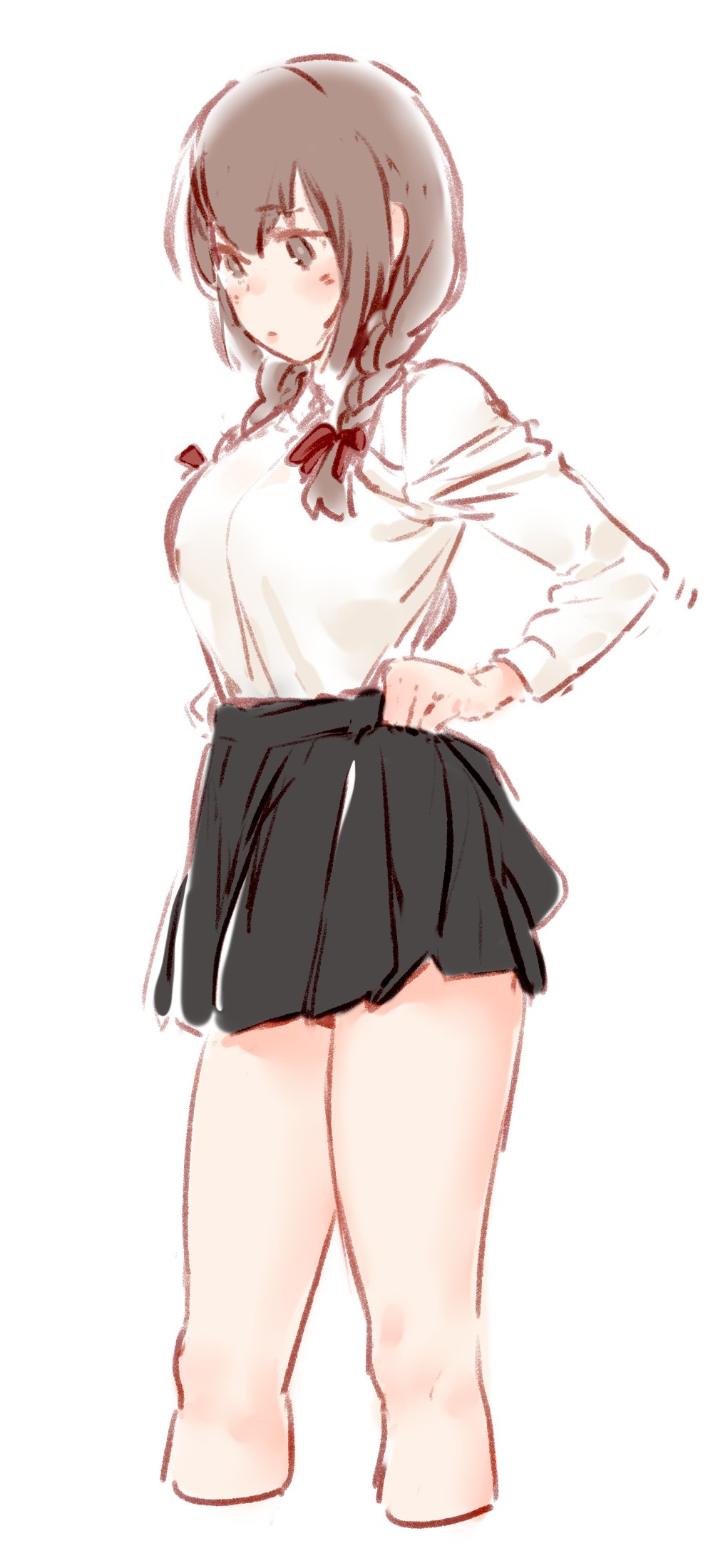1girl, bangs, black_skirt, braid, breasts, brown_hair, commentary_request, cropped_legs