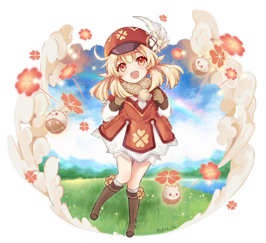 1girl, :d, absurdres, ahoge, backpack, bag, bangs, blurry