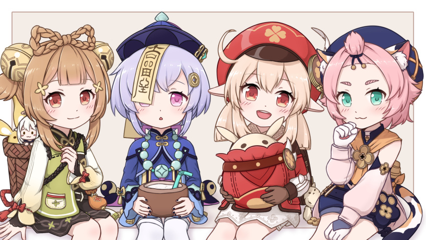 5girls, :3, :d, ahoge, animal_ears, backpack, bag, bag_charm, bandaged_leg, bandages, bangs, bangs_pinned_back, bead_necklace, beads, bell, black_nails, black_shorts, bloomers, bottle, bow, bowtie, braid, brown_eyes, brown_gloves, brown_hair, brown_scarf, cabbie_hat, cat_ears, cat_girl, cat_tail, charm_(object), chinese_clothes, clover_print, coat, coconut, coin_hair_ornament, commentary_request, detached_sleeves, diona_(genshin_impact), dodoco_(genshin_impact), drinking_straw, eyebrows_visible_through_hair, genshin_impact, gloves, hair_between_eyes, hair_ribbon, hat, hat_feather, hat_ornament, highres, jewelry, jiangshi, jumpy_dumpty, kagamine_ran, klee_(genshin_impact), light_brown_hair, long_hair, looking_at_viewer, low_ponytail, low_twintails, mechanical_halo, multiple_girls, necklace, ofuda, open_mouth, orange_eyes, orb, paimon_(genshin_impact), paw_pose, paw_print, paw_print_palms, pocket, pointy_ears, purple_hair, qing_guanmao, qiqi_(genshin_impact), randoseru, red_coat, red_headwear, ribbon, scarf, short_hair, shorts, sidelocks, simple_background, single_braid, sitting, smile, tail, thigh-highs, twintails, underwear, violet_eyes, white_legwear, yaoyao_(genshin_impact), yin_yang, yin_yang_orb, zettai_ryouiki