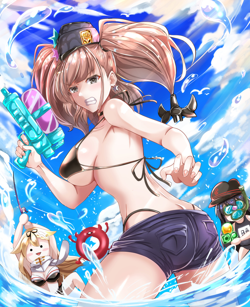 3girls, absurdres, abyssal_ship, akatsuki_(kancolle), atlanta_(kancolle), bikini, black_bikini, black_headwear