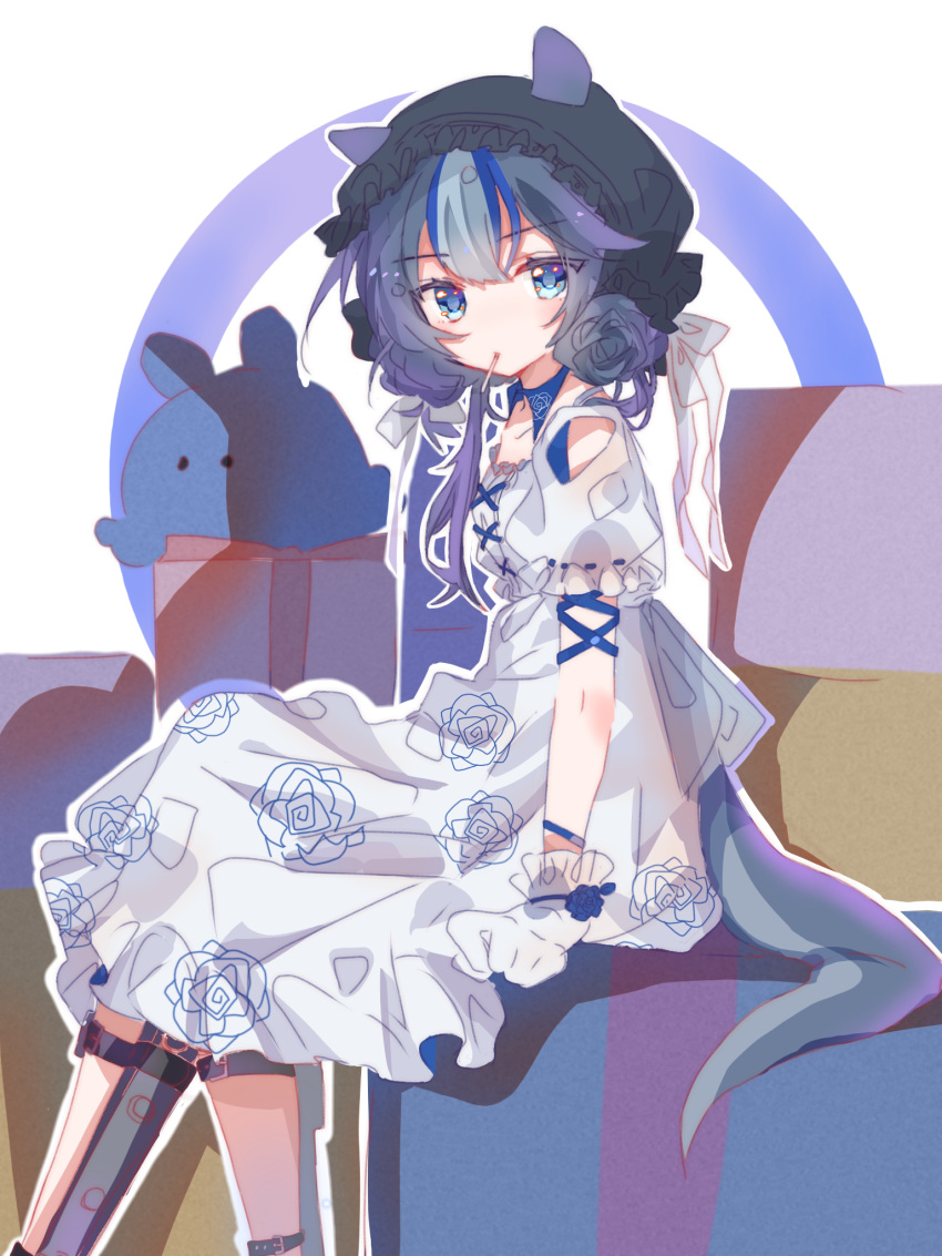 1029517702, 1girl, alternate_costume, animal_ears, arknights, bangs, black_headwear, blue_dress, blue_eyes, blue_hair, blush, chinese_commentary, double_bun, dress, ears_through_headwear, food_in_mouth, glaucus_(arknights), gloves, highres, low_twintails, multicolored_hair, short_sleeves, solo, streaked_hair, tail, twintails