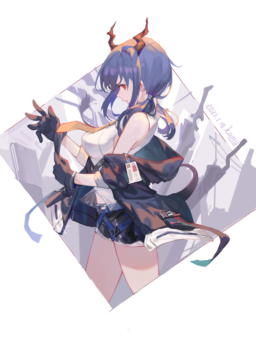 1girl, absurdres, adjusting_clothes, adjusting_gloves, arknights, artist_name, belt, black_gloves
