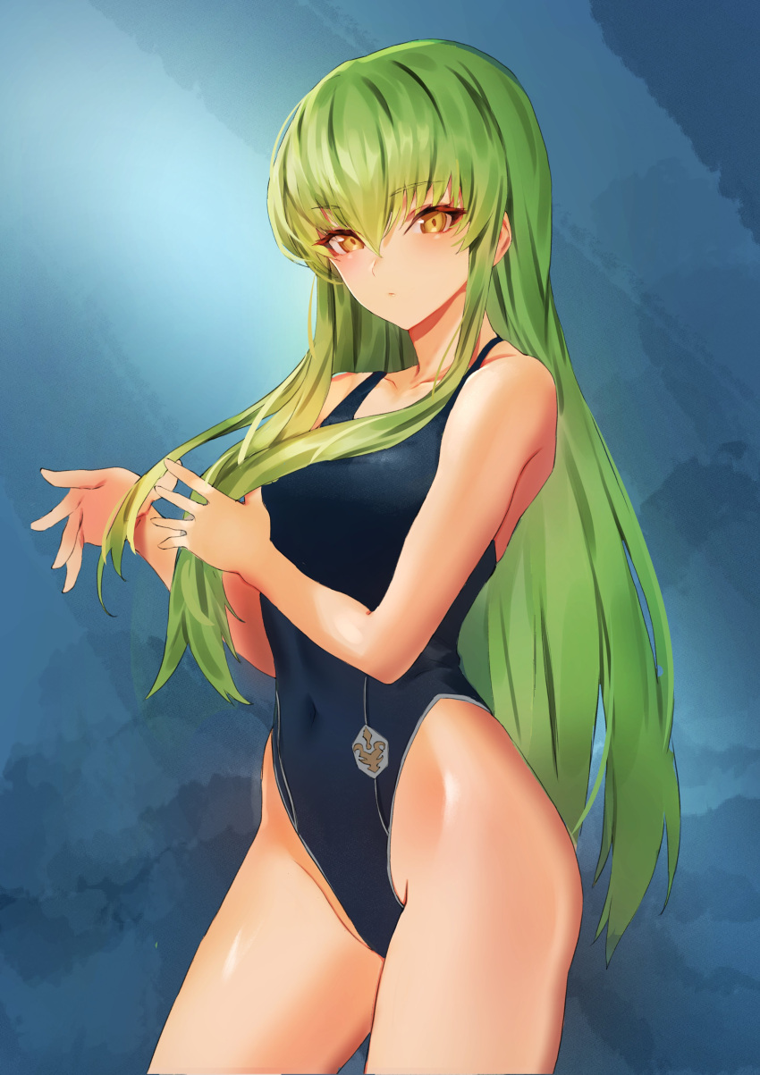 1girl, absurdres, blue_swimsuit, blush, c.c., code_geass, green_hair, highres