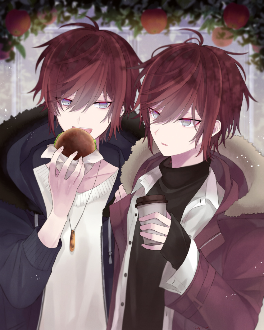 2boys, :d, apple, apple_tree, bangs, black_coat, black_sweater, blue_eyes