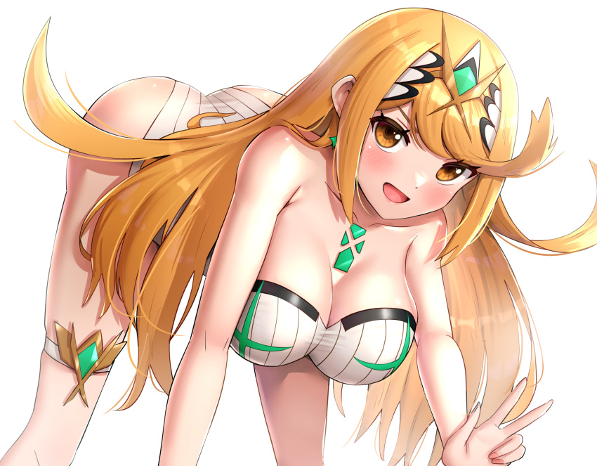 1girl, bangs, blonde_hair, breasts, chest_jewel, gem, gonzarez, headpiece, highres, large_breasts, long_hair, mythra_(radiant_beach)_(xenoblade), mythra_(xenoblade), one-piece_swimsuit, ribbed_swimsuit, solo, strapless, strapless_swimsuit, striped, swept_bangs, swimsuit, tiara, vertical-striped_swimsuit, vertical_stripes, very_long_hair, white_swimsuit, xenoblade_chronicles_(series), xenoblade_chronicles_2, yellow_eyes