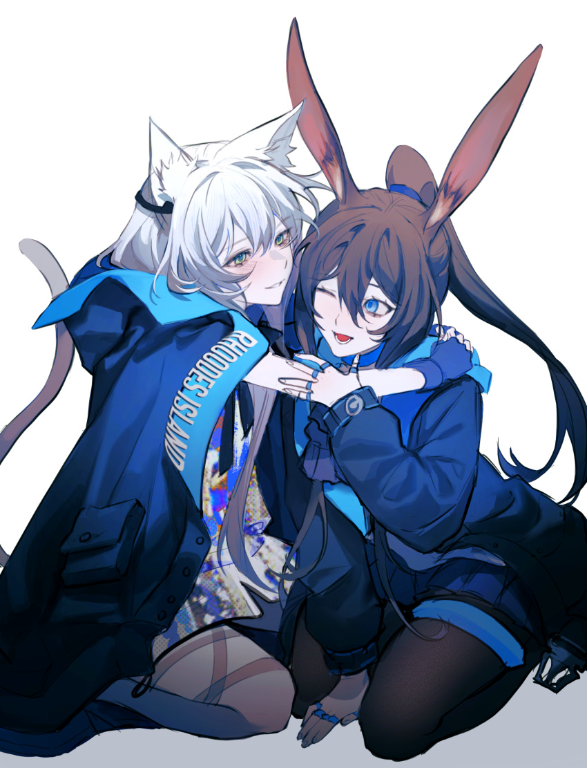 2girls, amiya_(arknights), animal_ears, arknights, bangs, blue_eyes, brown_hair, cat_ears, cat_girl, cat_tail, cloak, fingerless_gloves, gloves, green_eyes, highres, hood, hood_down, hooded_cloak, hooded_jacket, hug, jacket, jewelry, long_hair, lunax, multiple_girls, one_eye_closed, pantyhose, ponytail, rabbit_ears, rabbit_girl, ring, rosmontis_(arknights), silver_hair, tail, thigh_strap, yuri