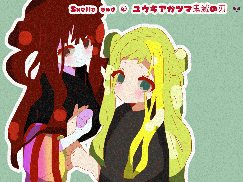 agatsuma_yuuki, blonde_hair, brown_hair, double_bun, flat_chest, green_eyes, green_hair, grey_jacket, holding_hands, jacket, multicolored_hair, rainbow, redhead, self_upload, two-tone_hair