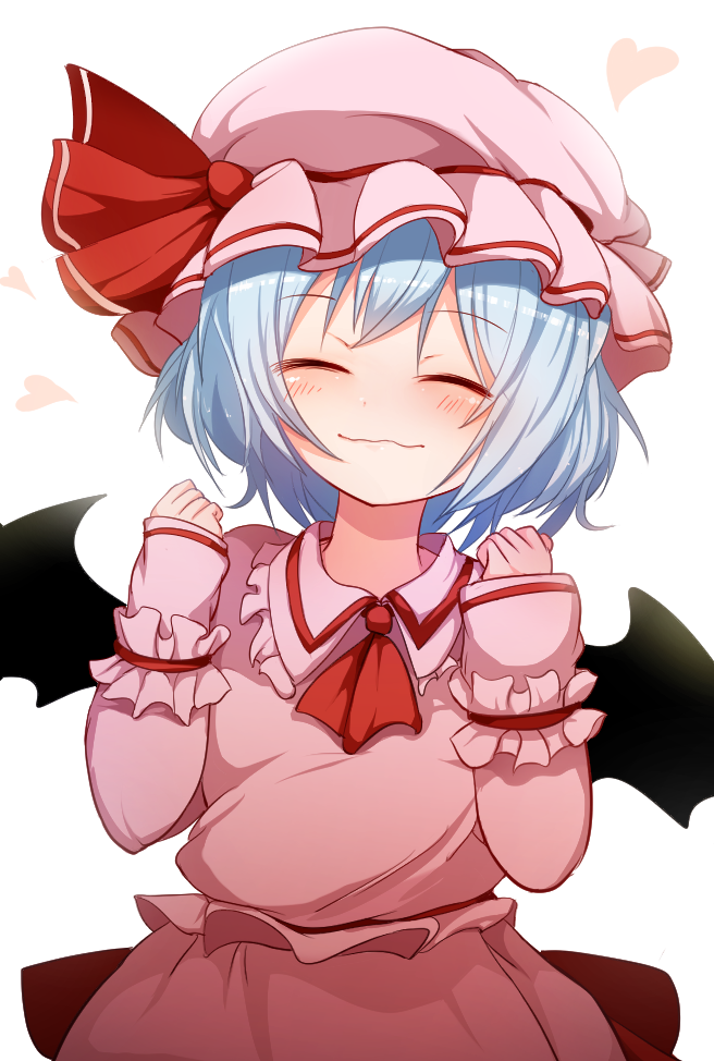 1girl, ascot, bangs, bat_wings, blue_hair, closed_eyes, closed_mouth, cowboy_shot