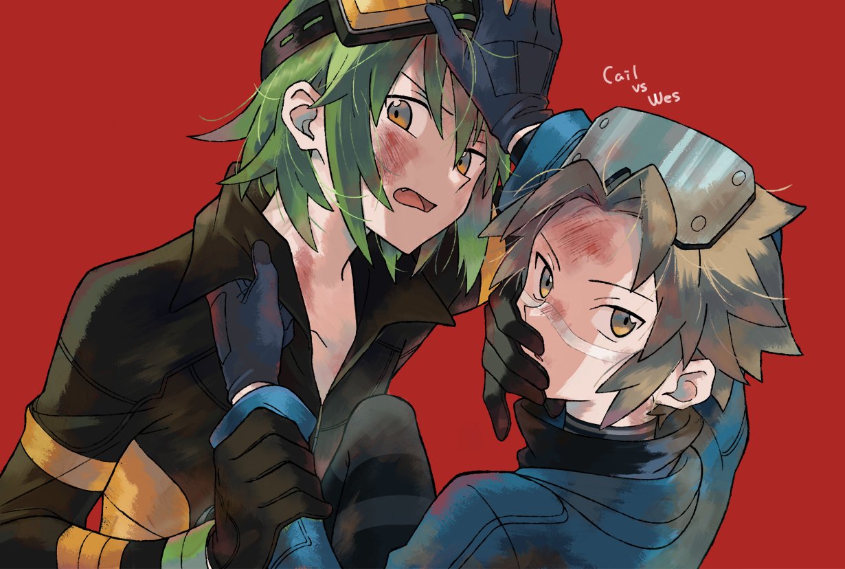 2boys, bangs, blood, blood_on_face, blue_coat, cail_(pokemon), character_name, coat