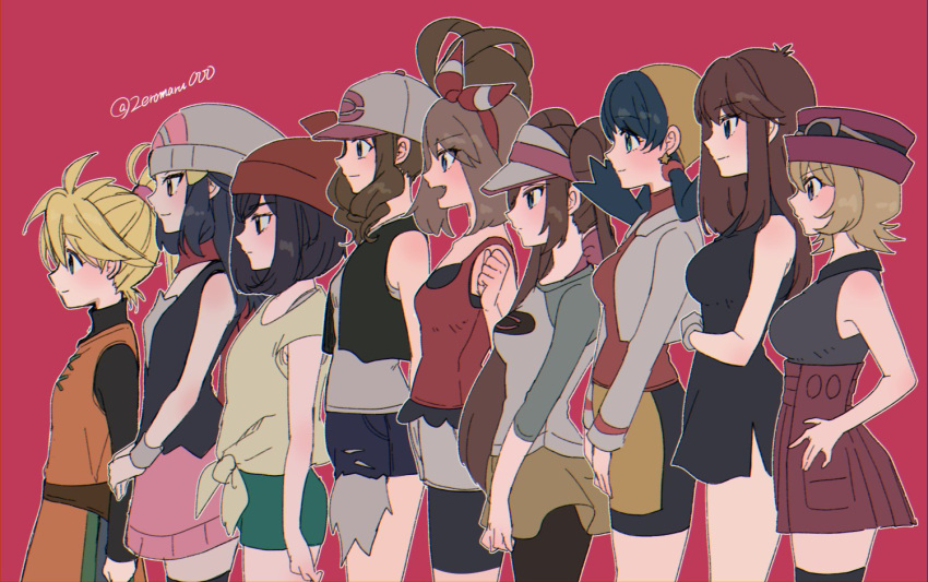 6+girls, bangs, baseball_cap, beanie, bike_shorts, black_dress, black_hair, black_legwear