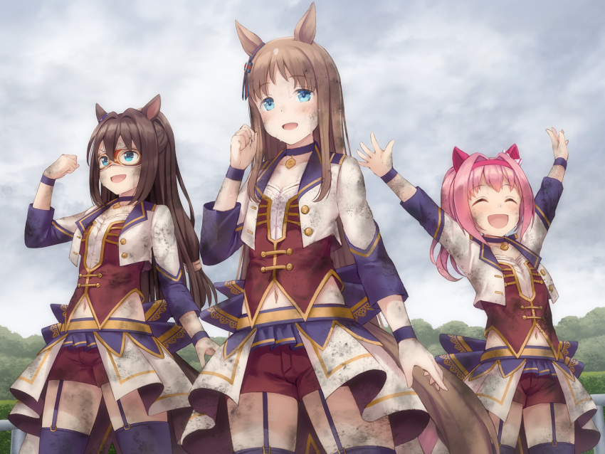 3girls, animal_ears, arms_up, blue_eyes, bodice, bow, brown_hair, common_race_outfit_(umamusume), cropped_jacket, dirty, dirty_clothes, domino_mask, ear_bow, ear_covers, ear_ornament, el_condor_pasa_(umamusume), eyebrows_visible_through_hair, frogging, garter_straps, gold_trim, grass_wonder_(umamusume), hairband, haru_urara_(umamusume), highres, horse_ears, horse_girl, horse_tail, jacket, long_sleeves, mask, midriff, multiple_girls, namaru_(summer_dandy), navel, overskirt, pink_hair, purple_jacket, red_shorts, shorts, striped, striped_bow, tail, thigh-highs, two-tone_jacket, umamusume, white_jacket