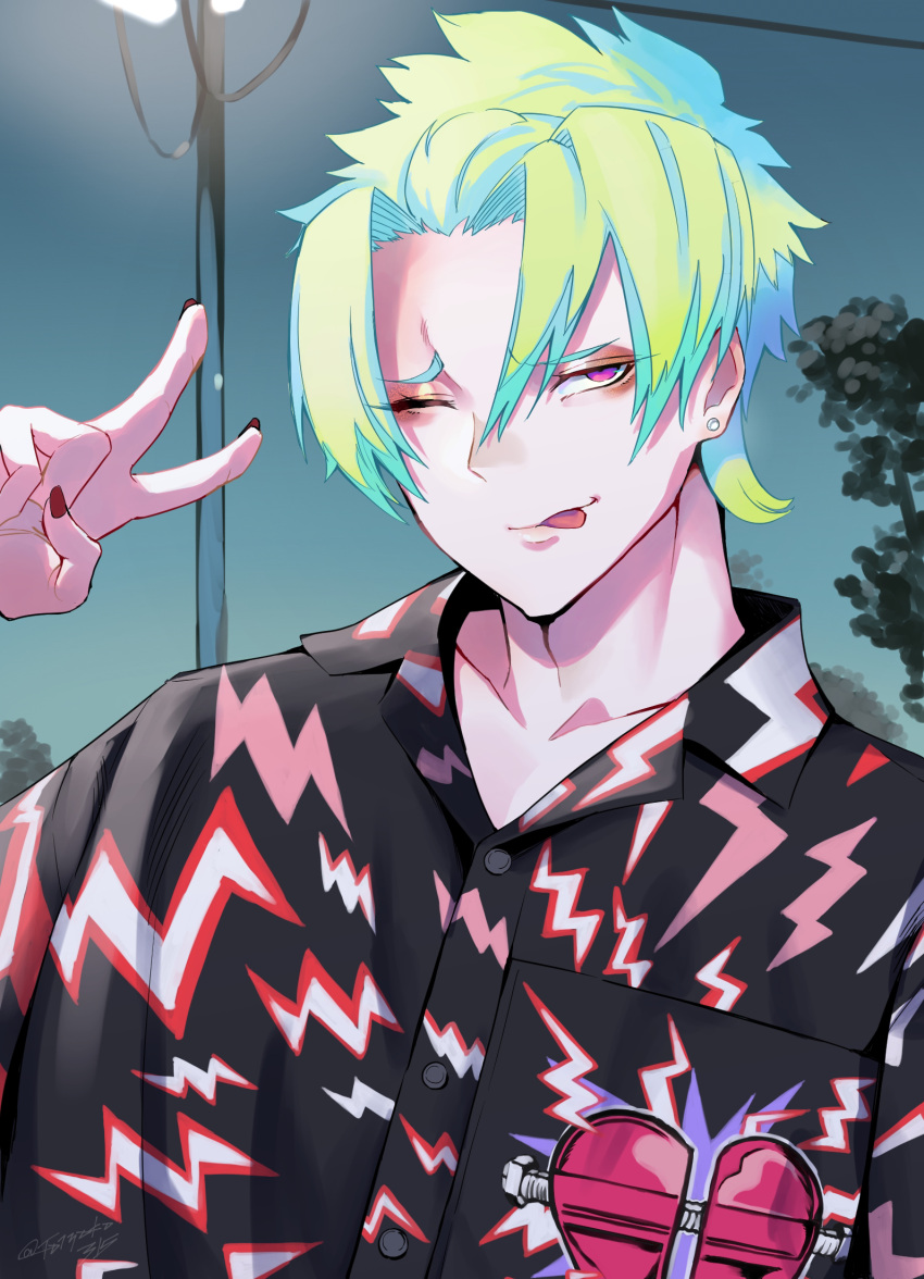 1boy, ;p, bangs, black_shirt, earrings, green_hair, heart, highres