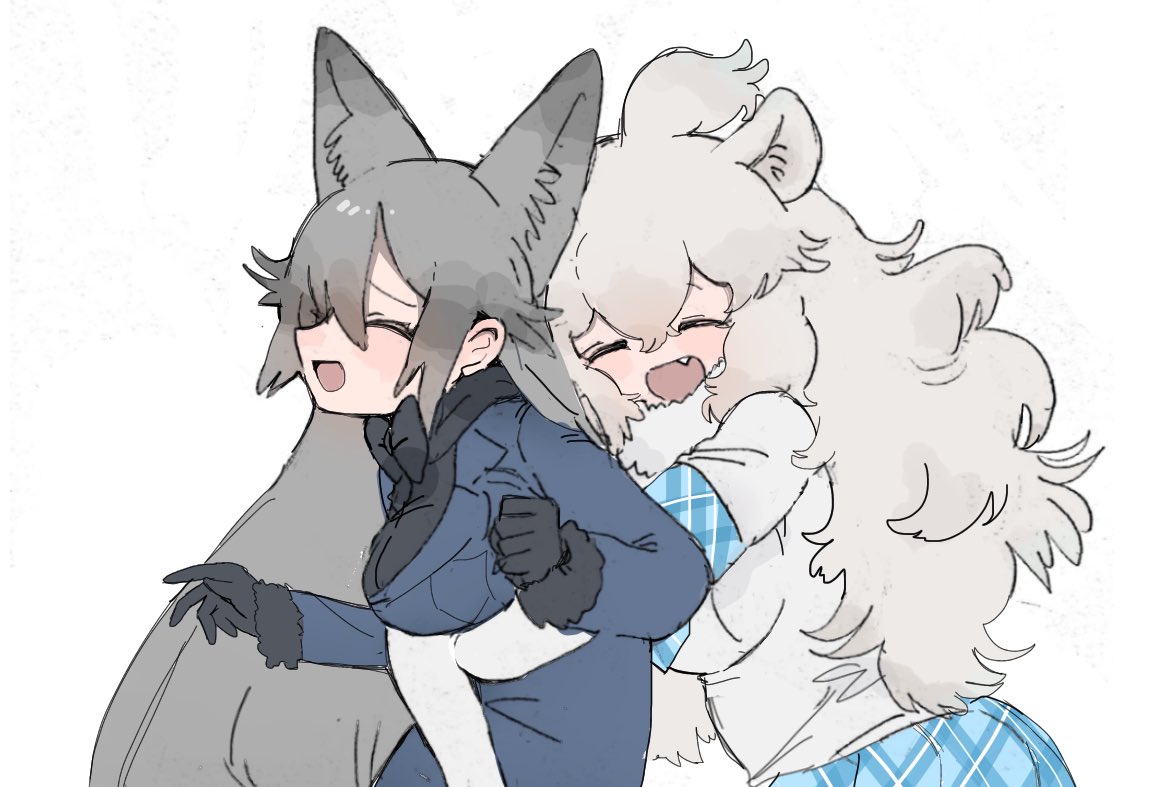 010mzam, 2girls, animal_ears, big_hair, black_fur, black_gloves, black_neckwear, black_shirt