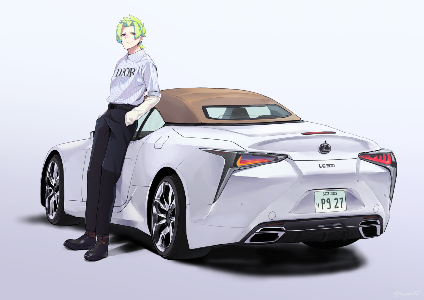 1boy, absurdres, androgynous, black_footwear, black_pants, car, dior, ear_piercing