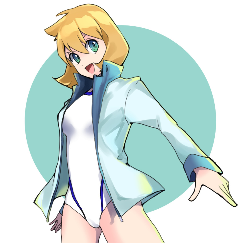 1girl, :d, absurdres, aqua_eyes, bangs, blue_eyes, breasts, commentary_request, competition_swimsuit, eyebrows_behind_hair, gym_leader, highres, jacket, long_sleeves, misty_(pokemon), nambu_01, one-piece_swimsuit, open_clothes, open_jacket, open_mouth, orange_hair, pokemon, pokemon_(game), pokemon_hgss, short_hair, simple_background, smile, solo, swimsuit, track_jacket