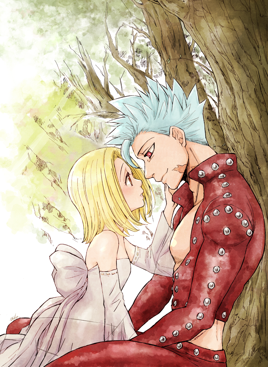 1boy, 1girl, against_tree, back_bow, ban_(nanatsu_no_taizai), blonde_hair, blue_hair, bow, closed_mouth, couple, crop_top, detached_sleeves, dress, elaine, eye_contact, flat_chest, hair_intakes, harumiya, hetero, highres, jacket, long_dress, long_sleeves, looking_at_another, midriff, nanatsu_no_taizai, open_clothes, open_jacket, profile, red_eyes, red_jacket, ribbon-trimmed_sleeves, ribbon_trim, scar, short_hair, sketch, sleeveless, sleeveless_dress, smile, spiky_hair, strapless, strapless_dress, transparent, tree, white_bow, white_dress, white_sleeves