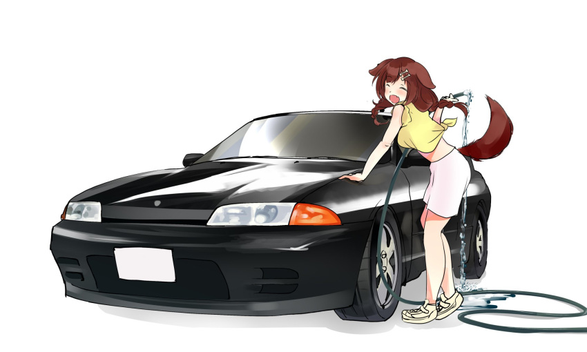 1girl, ^_^, animal_ears, bangs, bone_hair_ornament, brown_hair, car, closed_eyes, dog_ears, dog_tail, eyebrows_visible_through_hair, fang, ground_vehicle, hair_ornament, highres, holding_hose, hololive, inugami_korone, motor_vehicle, nissan_skyline, open_mouth, shioame_(seacandy00), shirt, skin_fang, smile, solo, tail, vehicle_focus, virtual_youtuber, water, white_background, whtie_shirt, yellow_shirt
