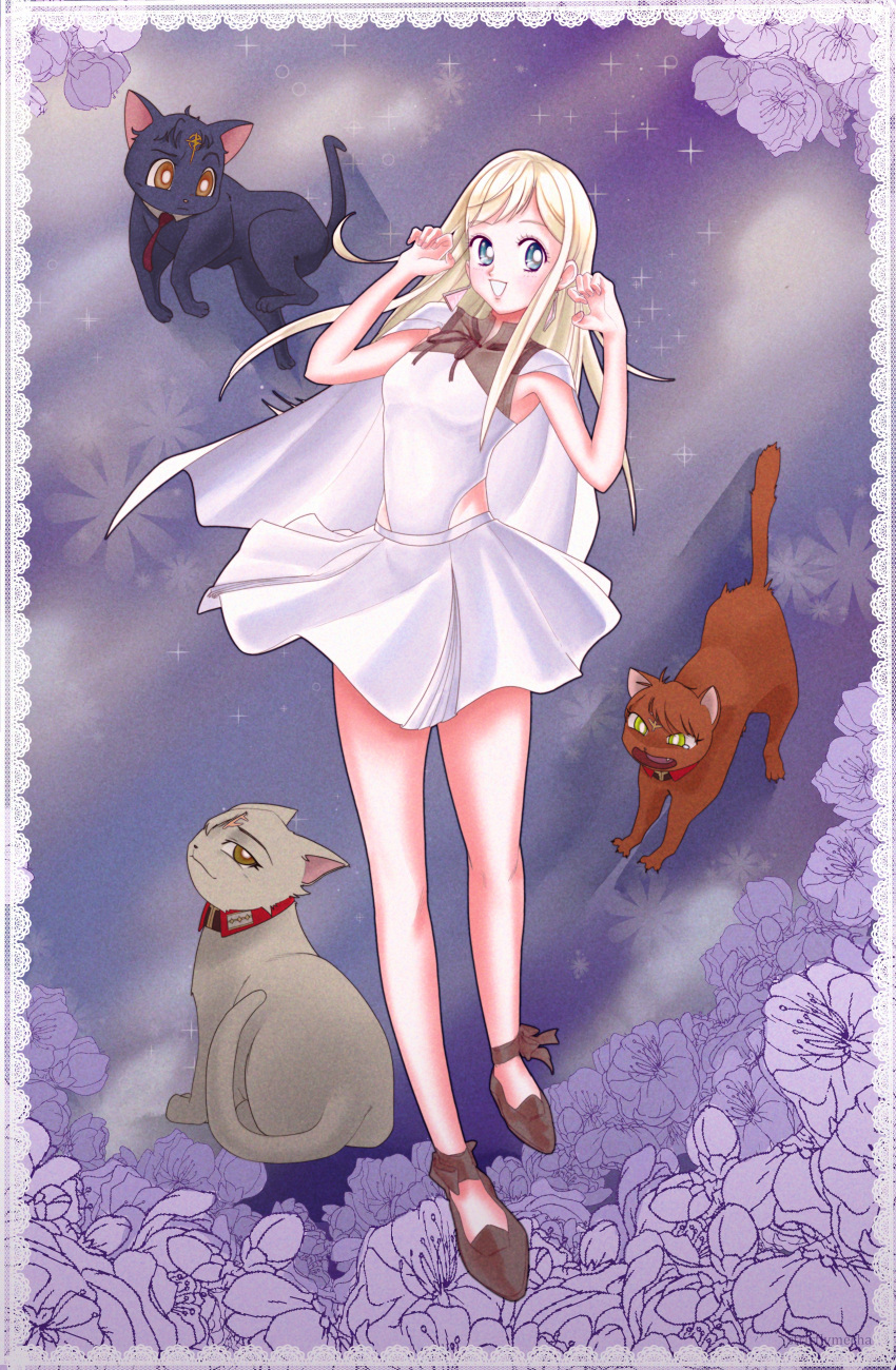 1girl, absurdres, animalization, bangs, bishoujo_senshi_sailor_moon, black_footwear, blonde_hair, blue_eyes, bright_pupils, brown_eyes, capelet, cat, claw_pose, dress, eyebrows_visible_through_hair, gigi_andalusia, green_eyes, gundam, gundam_hathaway's_flash, hathaway_noa, highres, kenneth_sleg, lane_aim, long_hair, necktie, parody, red_neckwear, smile, solo_focus, strictly_mecha, style_parody, takeuchi_naoko_(style), triangle_mouth, white_capelet, white_dress, white_pupils