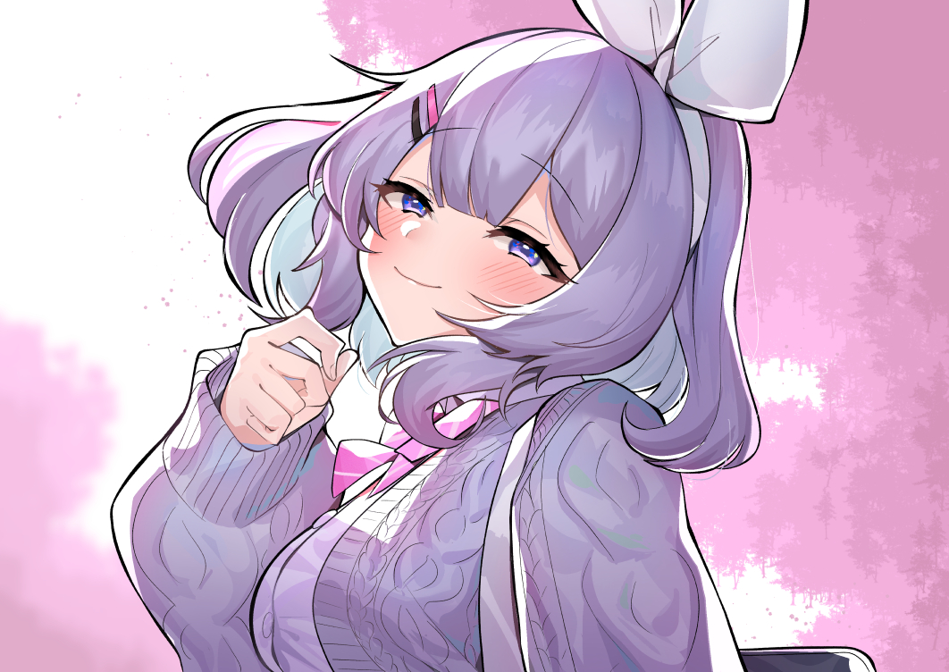 1girl, bangs, blush, bow, bowtie, cardigan, collared_shirt, colored_inner_hair