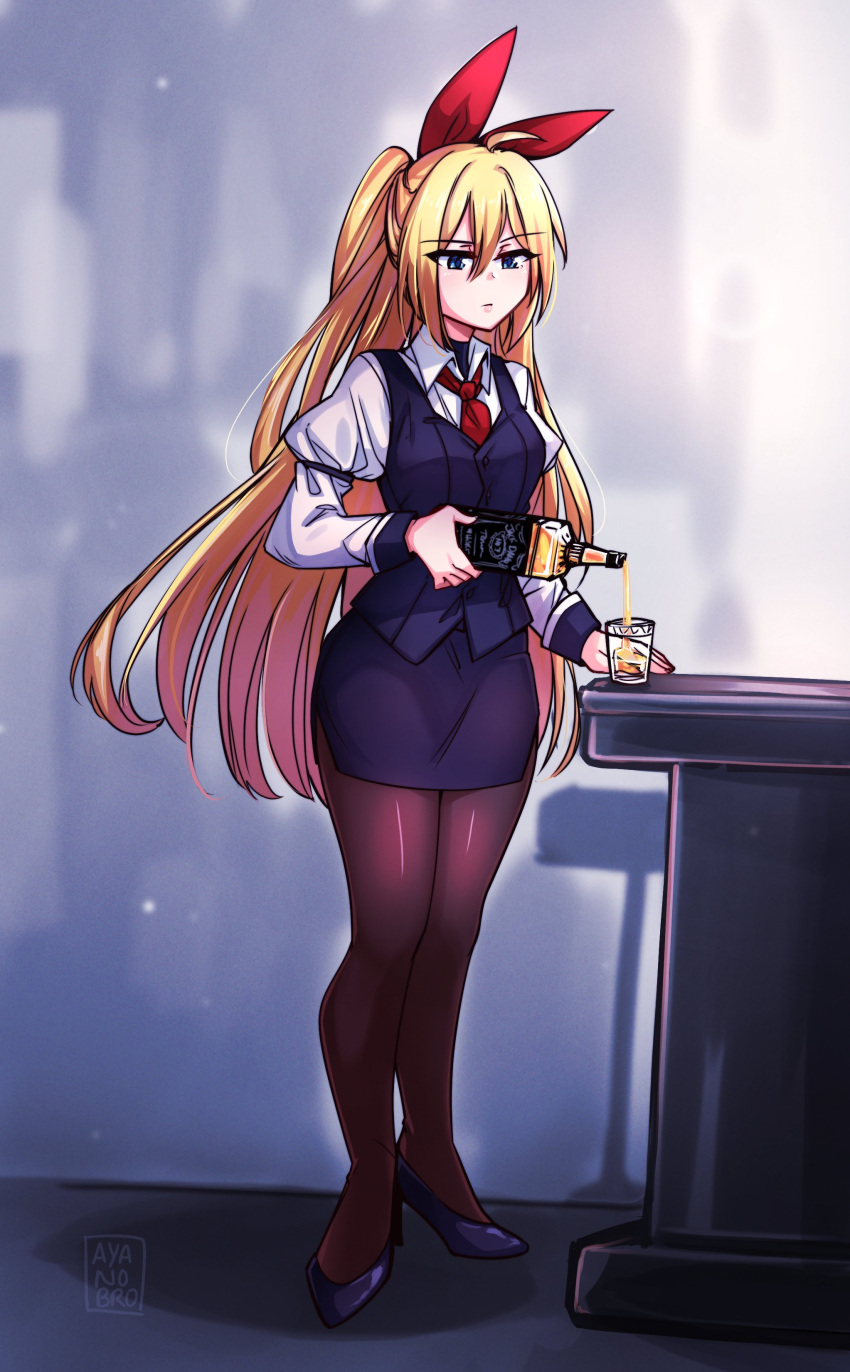absurdres, ahoge, alcohol, ayanobro, bartender, blonde_hair, blue_eyes, cosplay