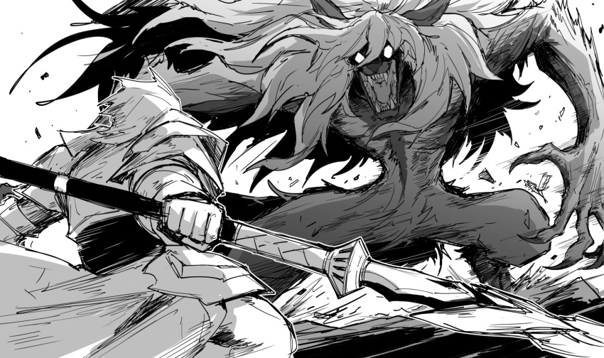 1boy, angry, armor, battle, blank_eyes, claws, fate/grand_order, fate_(series), greyscale, highres, holding, holding_polearm, holding_spear, holding_weapon, kan_(aaaaari35), long_hair, monochrome, monster, open_mouth, percival_(fate), polearm, sharp_teeth, sketch, spear, teeth, weapon, werewolf, white_background, woodwose_(fate)