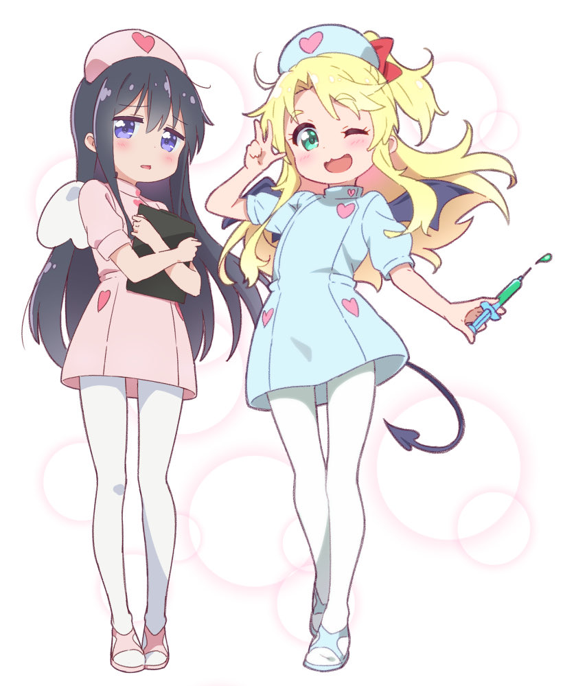 2girls, ;3, ;d, alternate_costume, arm_up, bangs, black_hair, blonde_hair