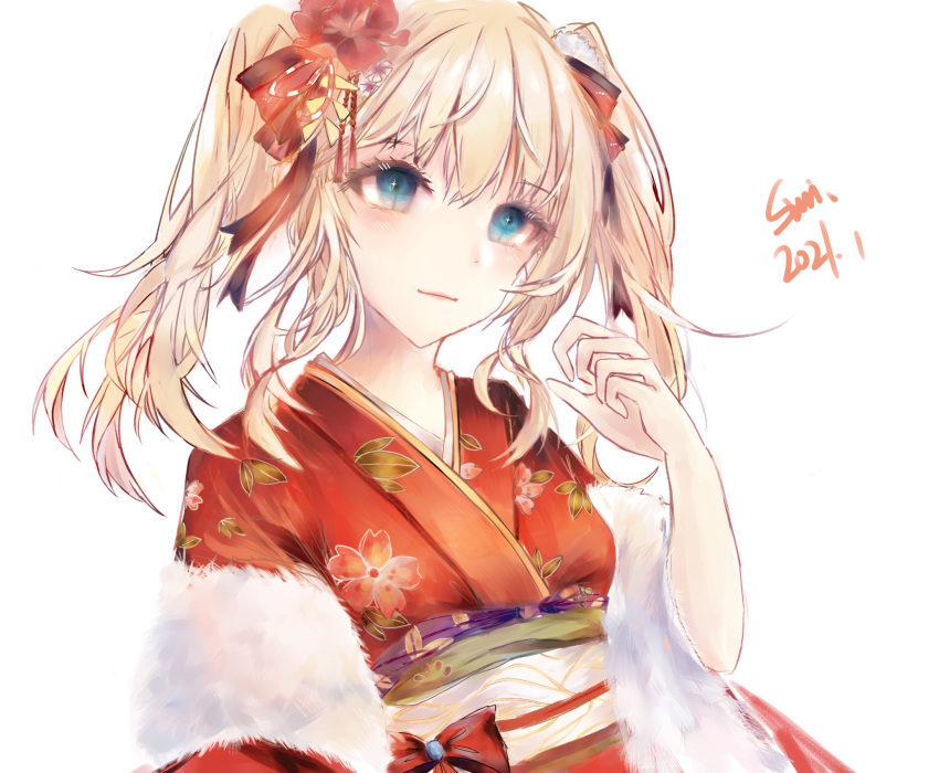 1girl, 2021, 7160824, artist_name, black_ribbon, blonde_hair, blue_eyes, blush